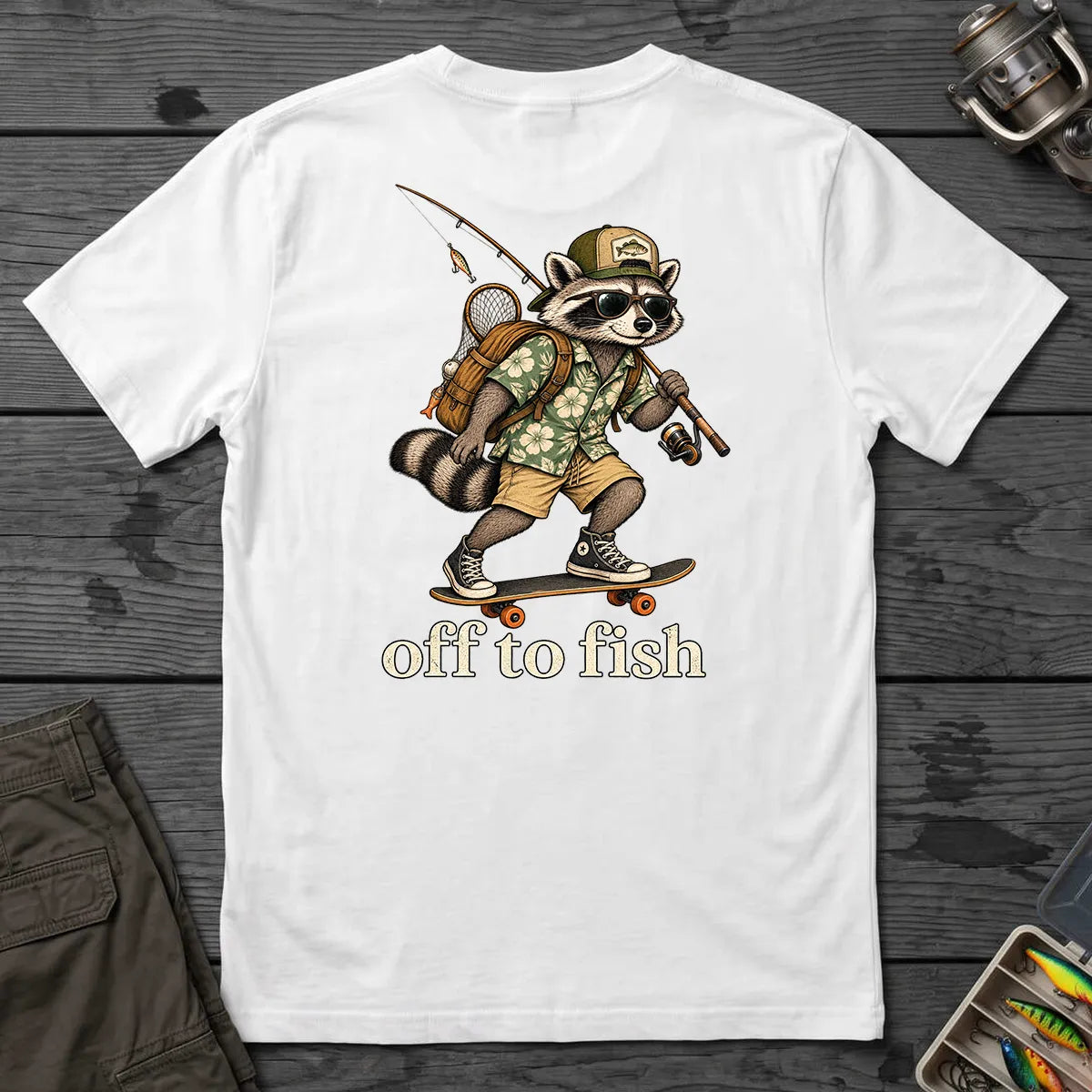 Off to Fish Raccoon T-Shirt in White
