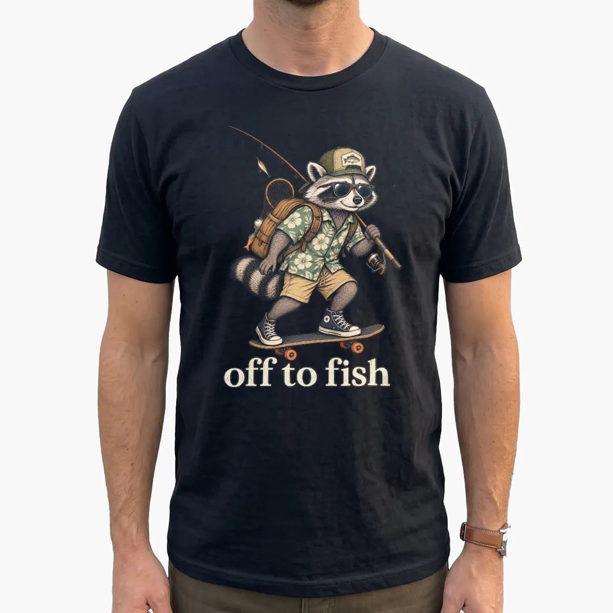 Off to Fish Raccoon T-Shirt lifestyle mockup
