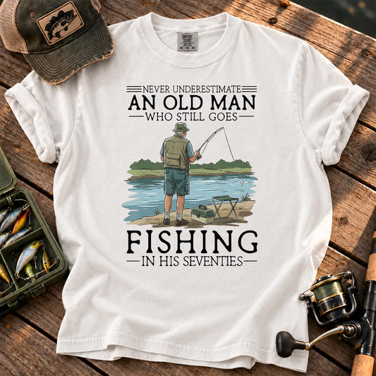 Old Man Fishing in His 70s T-Shirt in White
