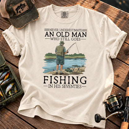 Old Man Fishing in His 70s T-Shirt in Ivory