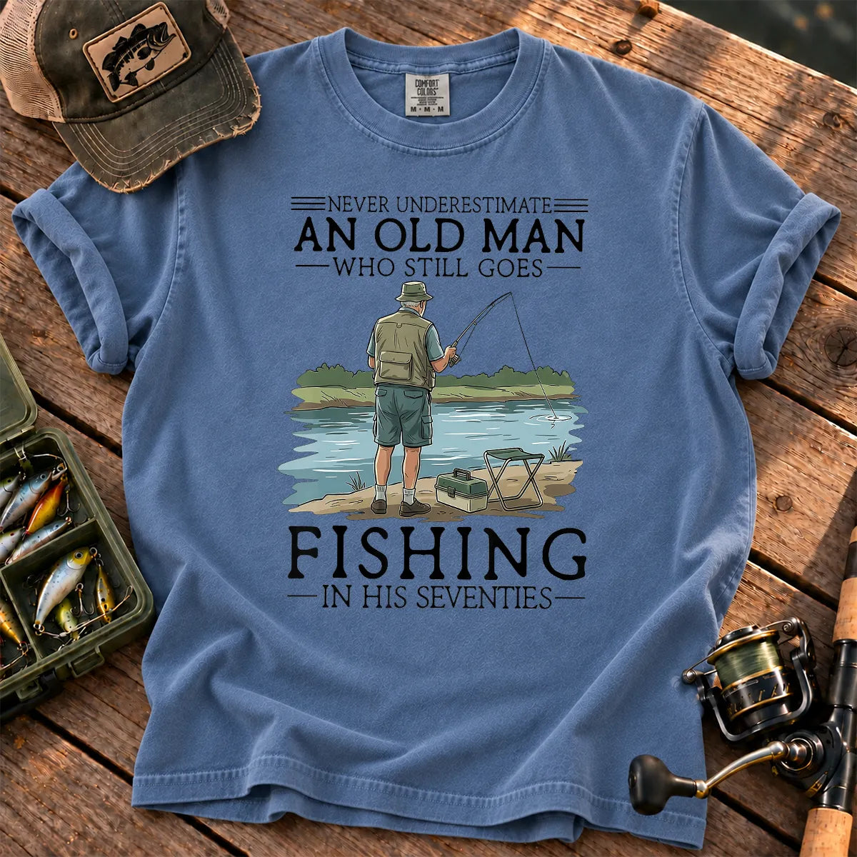 Old Man Fishing in His 70s T-Shirt in Blue Jean