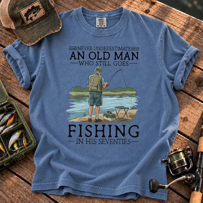 Old Man Fishing in His 70s T-Shirt in Blue Jean