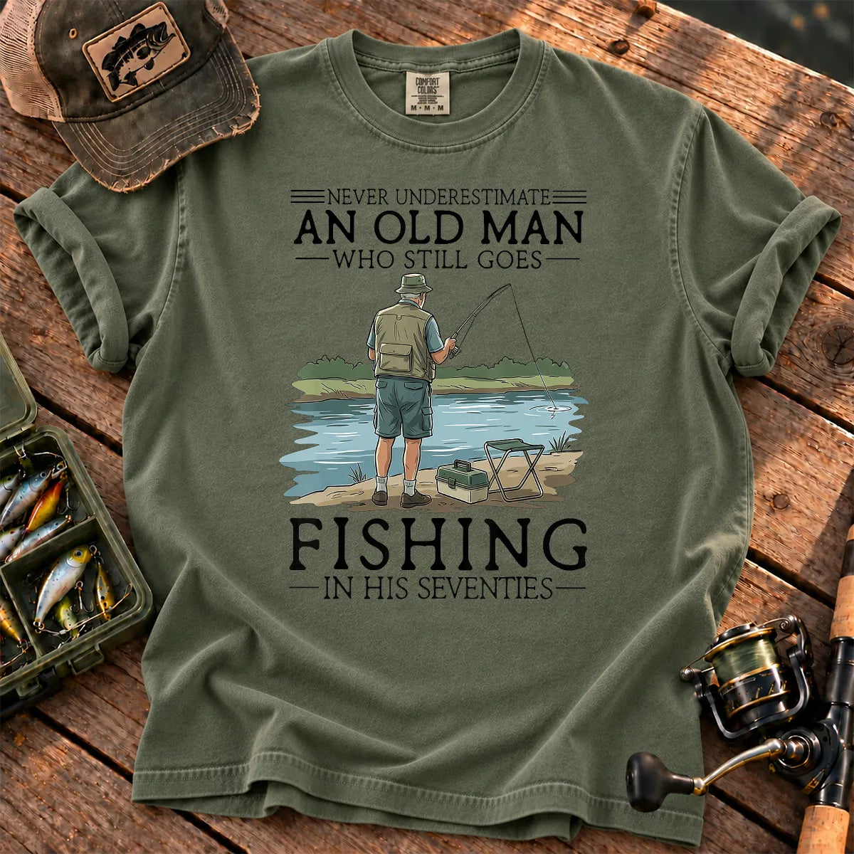 Old Man Fishing in His 70s T-Shirt in Moss