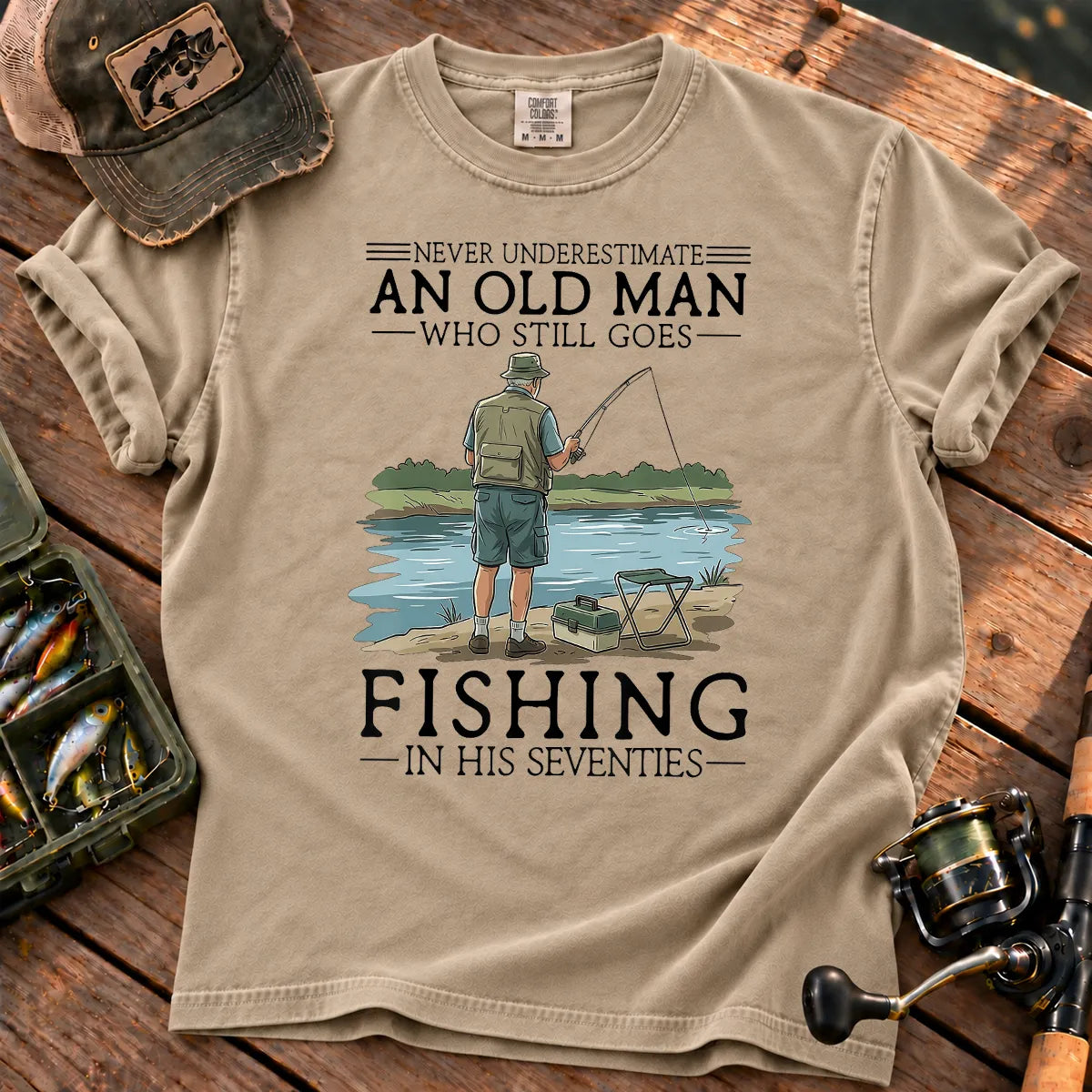 Old Man Fishing in His 70s T-Shirt in Sandstone