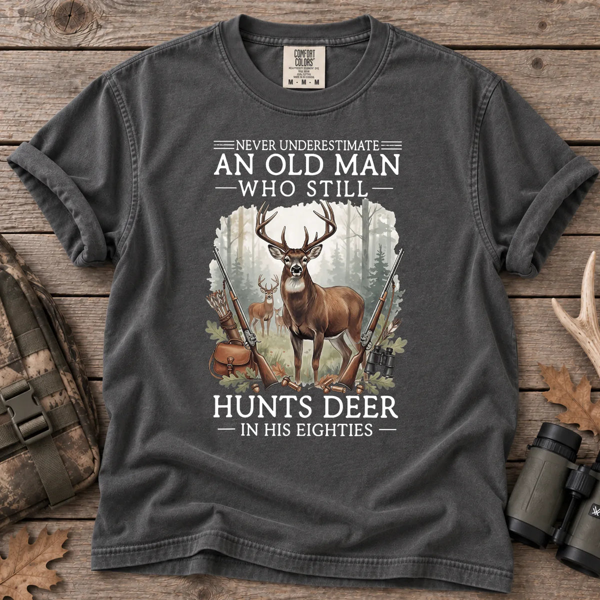 Old Man Hunting in His Eighties T-Shirt in Pepper