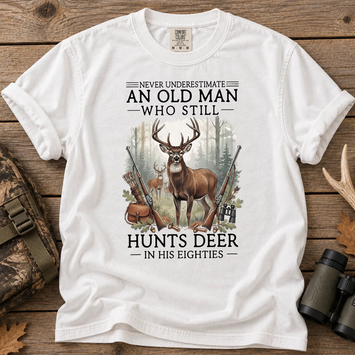 Old Man Hunting in His Eighties T-Shirt in White