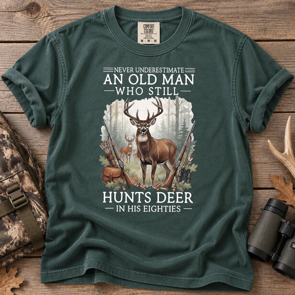 Old Man Hunting in His Eighties T-Shirt Blue Spruce - Front