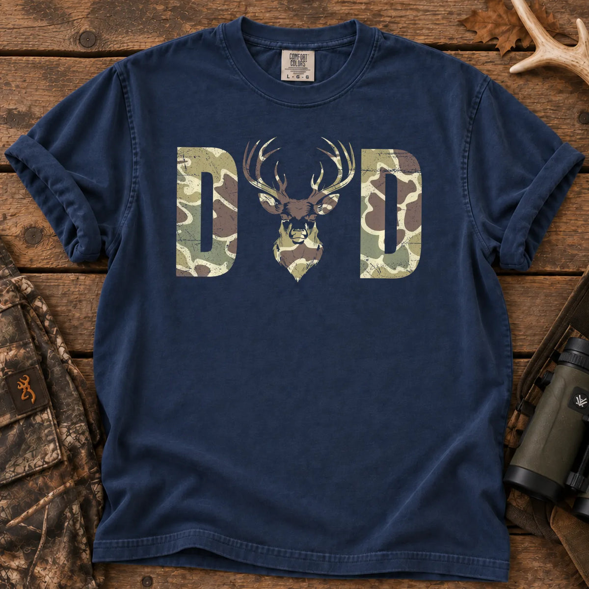 Old School Camo Dad Hunting T-Shirt in True Navy