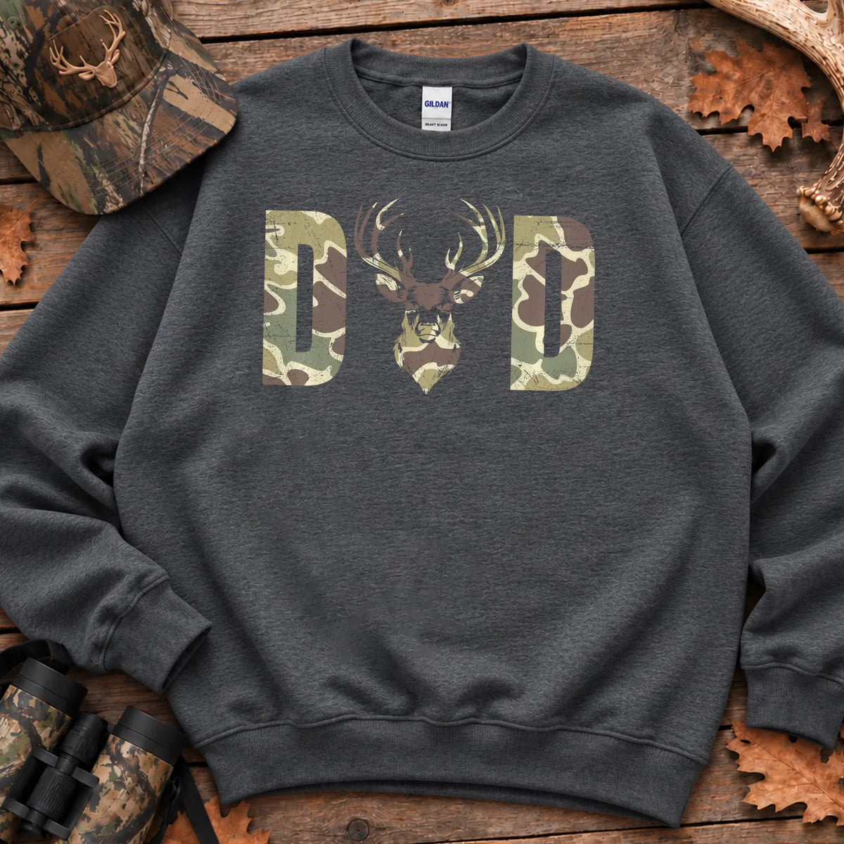 Old School Camo Hunting Dad Sweatshirt in Dark Heather