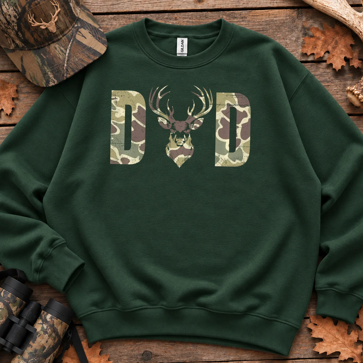Old School Camo Hunting Dad Sweatshirt in Forest Green