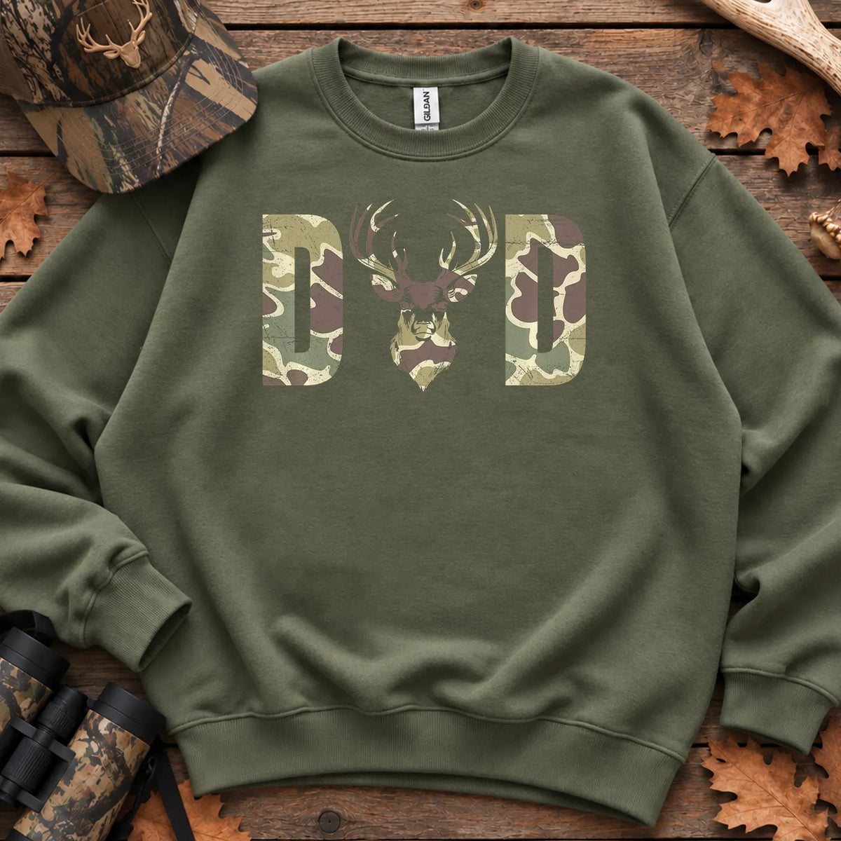 Old School Camo Hunting Dad Sweatshirt in Military Green