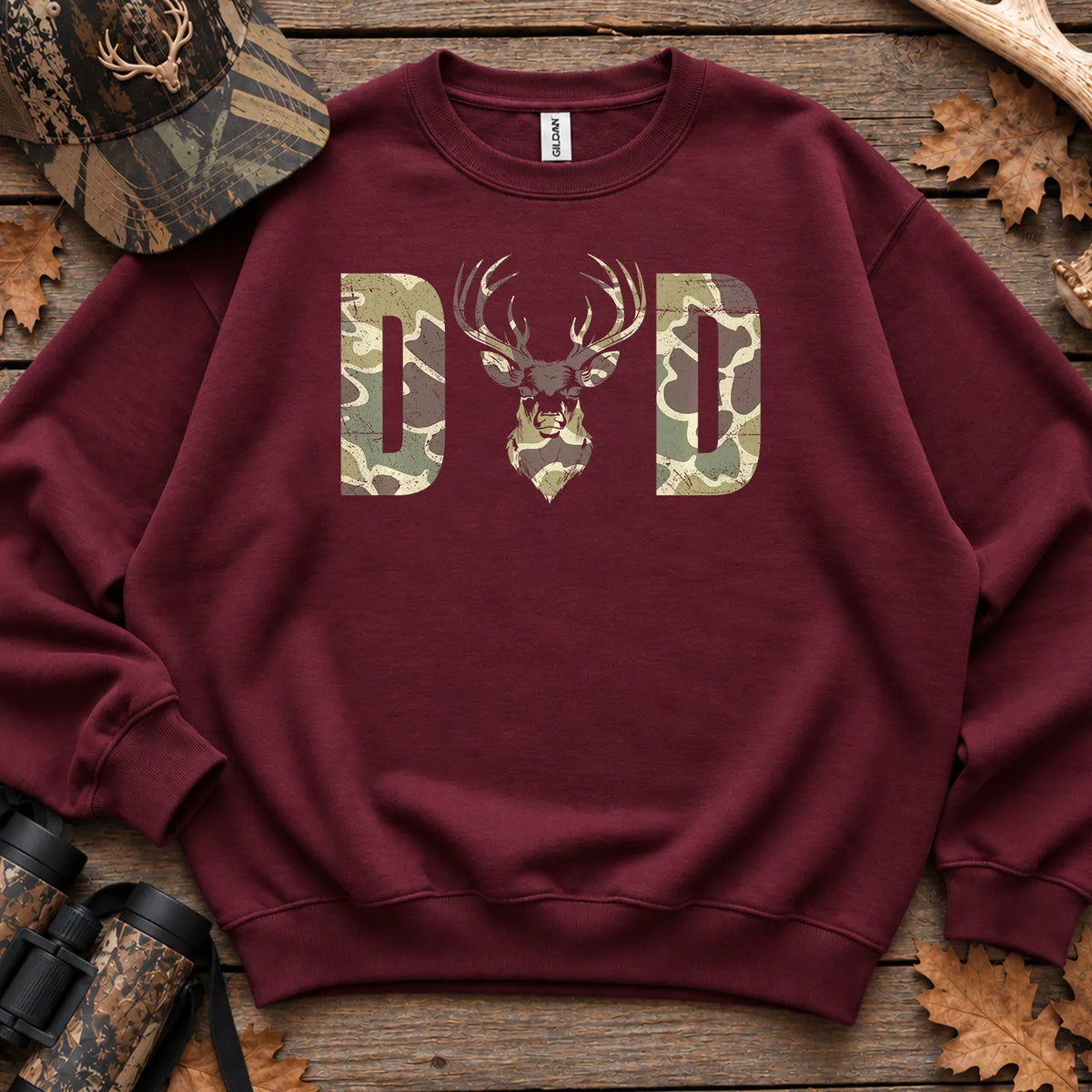 Old School Camo Hunting Dad Sweatshirt in Maroon
