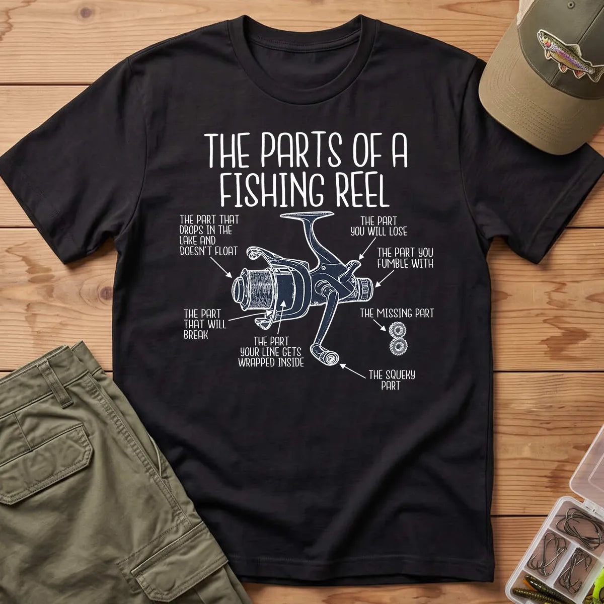 Parts of a Fishing Reel T-Shirt in Black