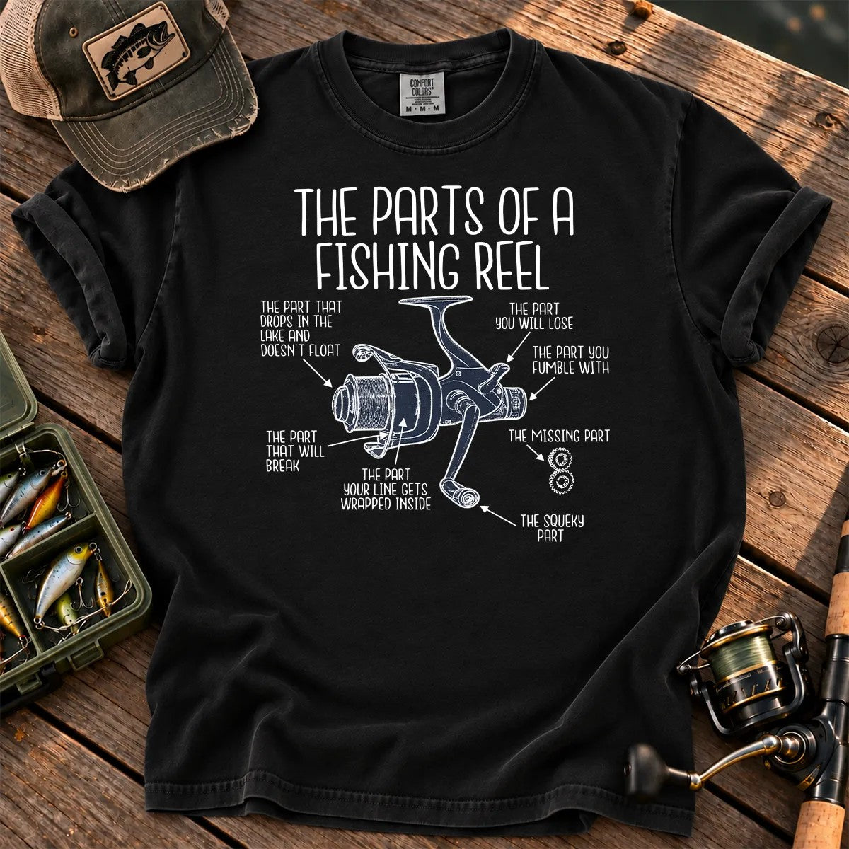 Parts of a Fishing Reel T-Shirt in Black