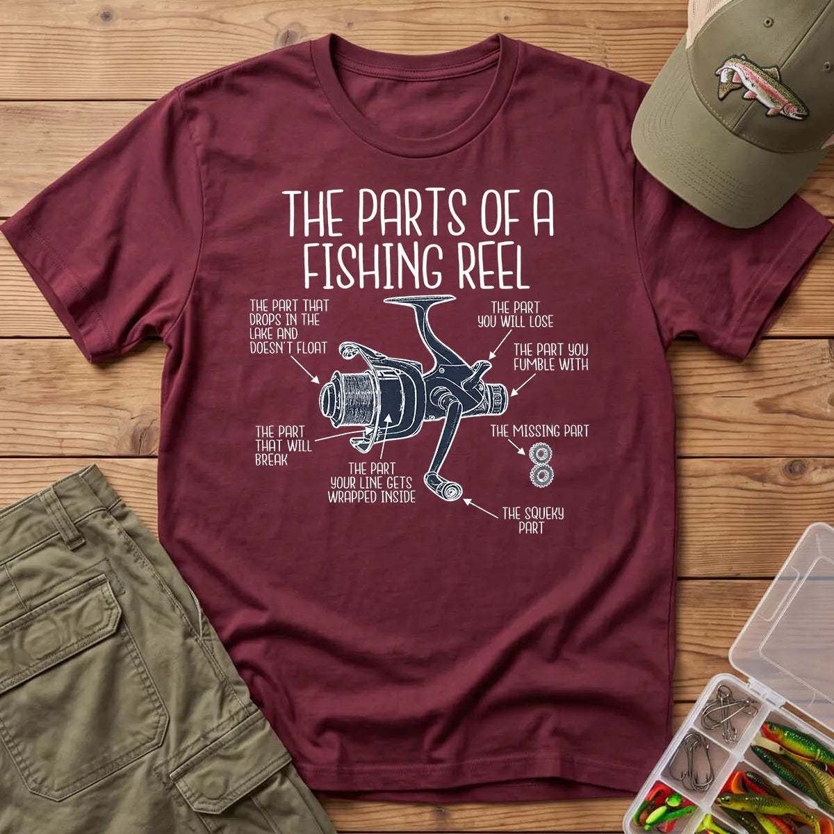 Parts of a Fishing Reel T-Shirt in Maroon