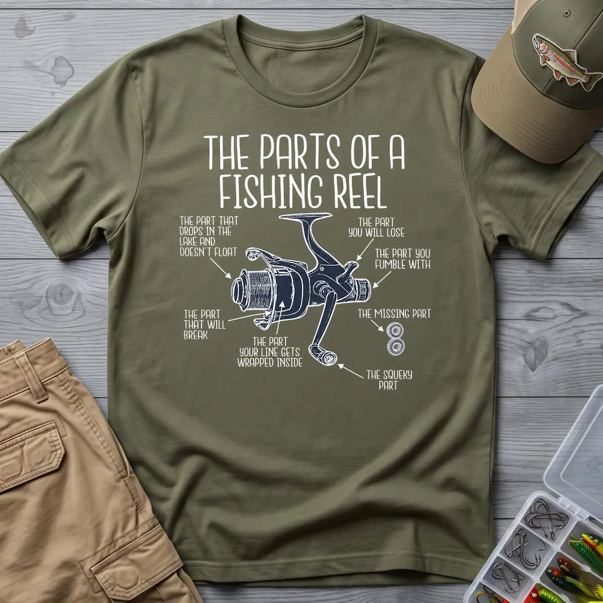 Parts of a Fishing Reel T-Shirt in Military Green