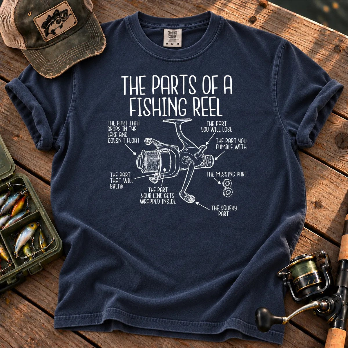 Parts of a Fishing Reel T-Shirt in True Navy