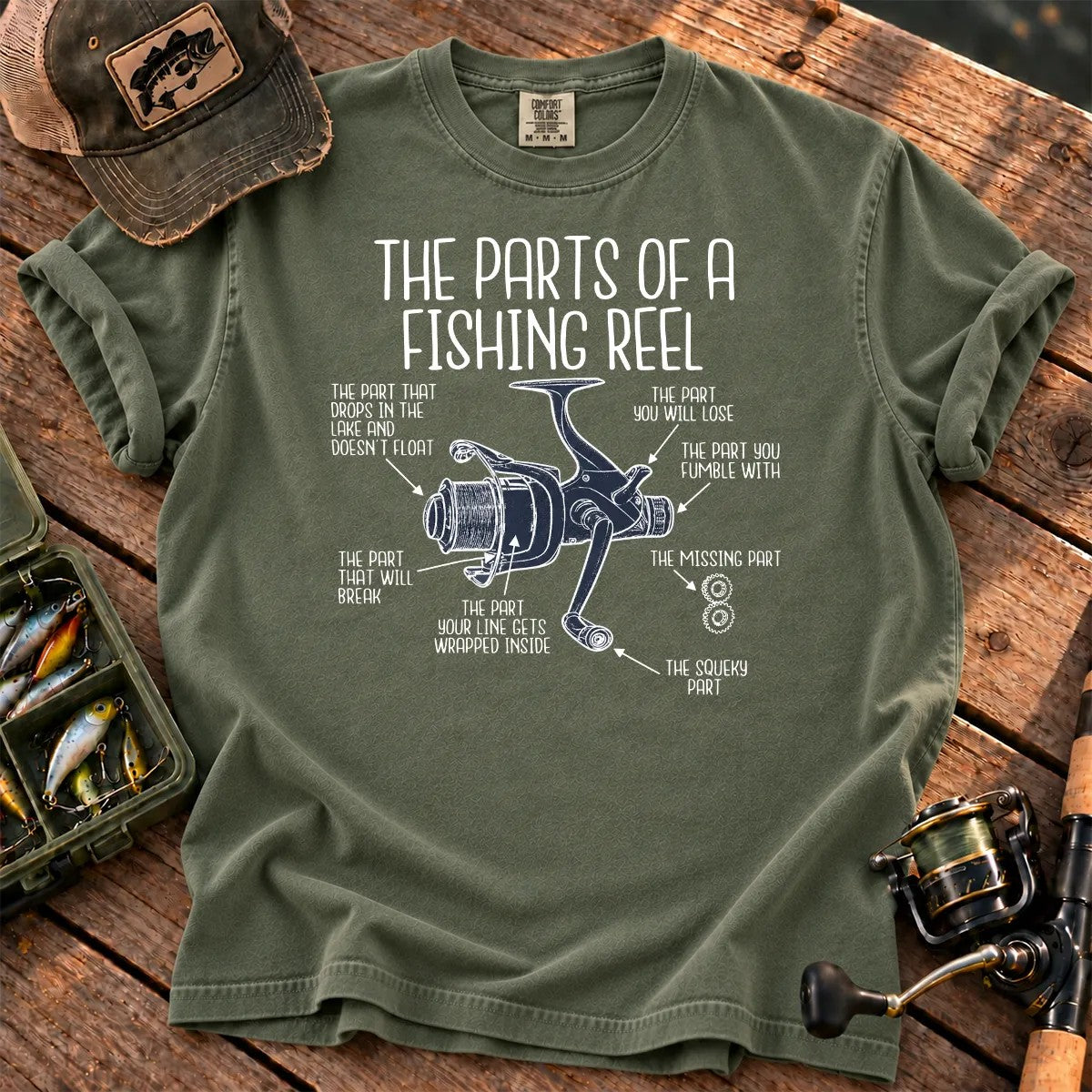 Parts of a Fishing Reel T-Shirt in Moss