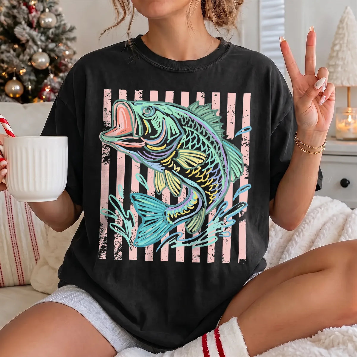Pastel Stripe Bass T-Shirt Women model in Black