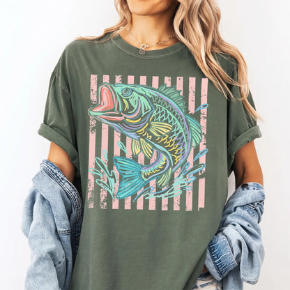 Pastel Stripe Bass T-Shirt Women model in Moss