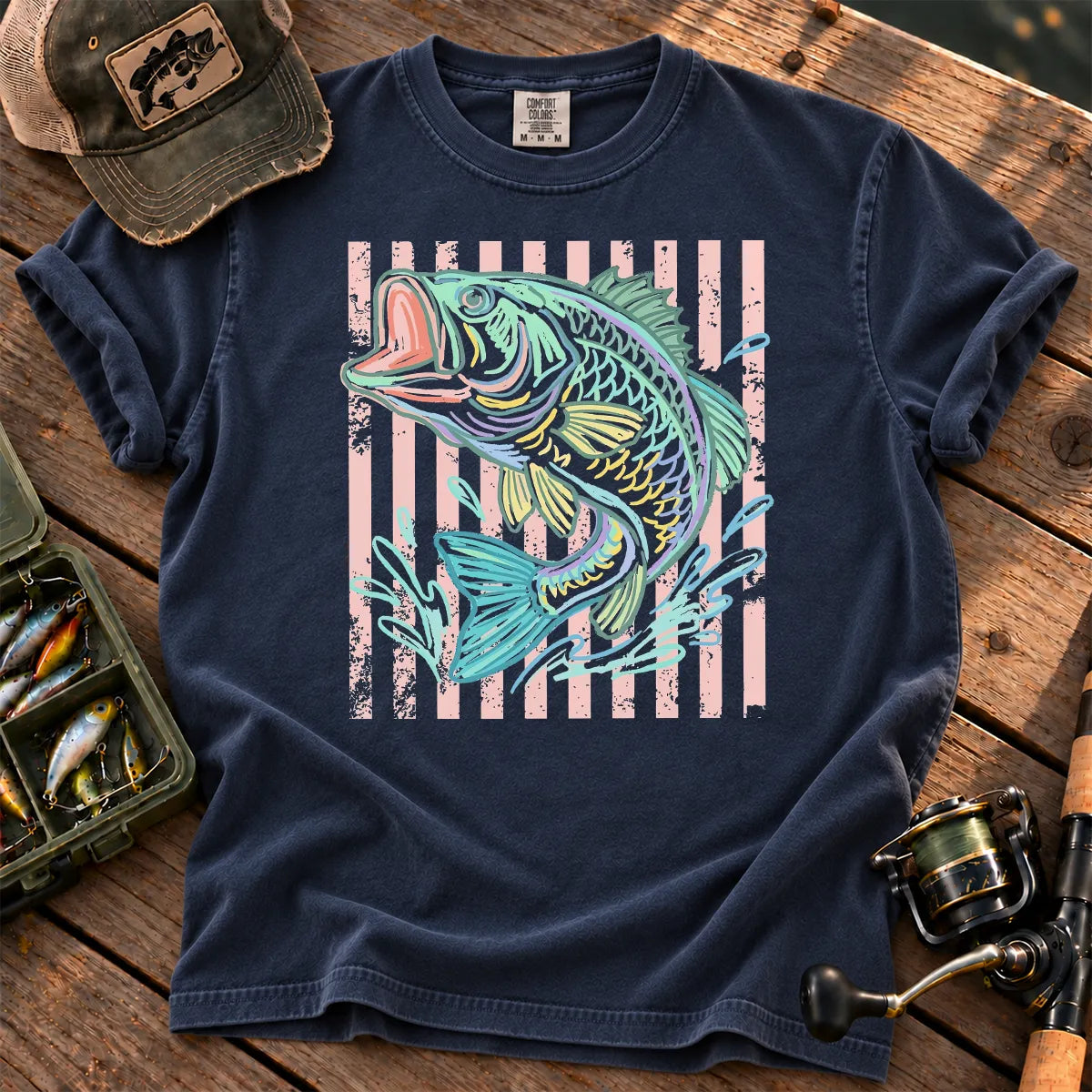Pastel Stripe Bass T-Shirt in True Navy