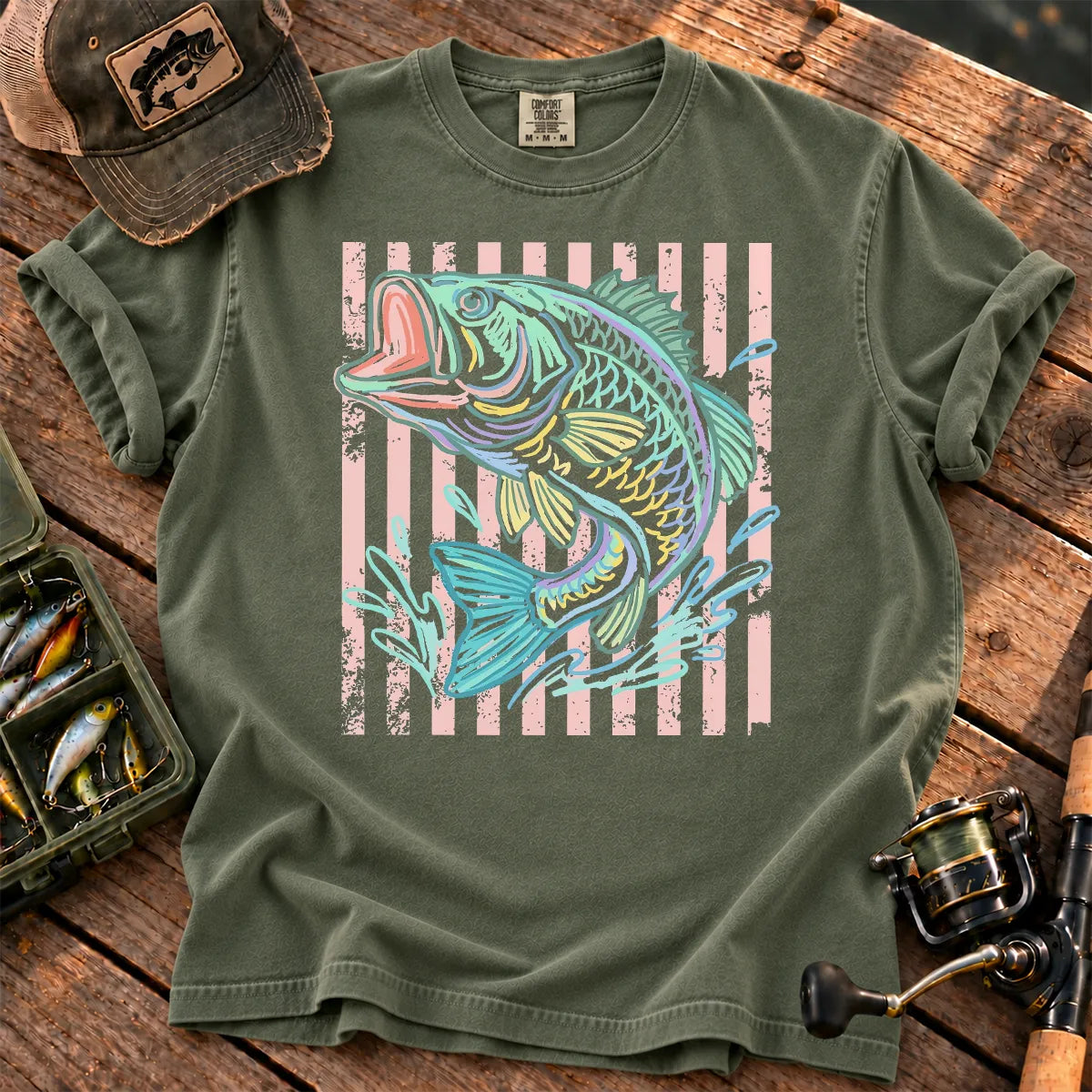 Pastel Stripe Bass T-Shirt in Moss