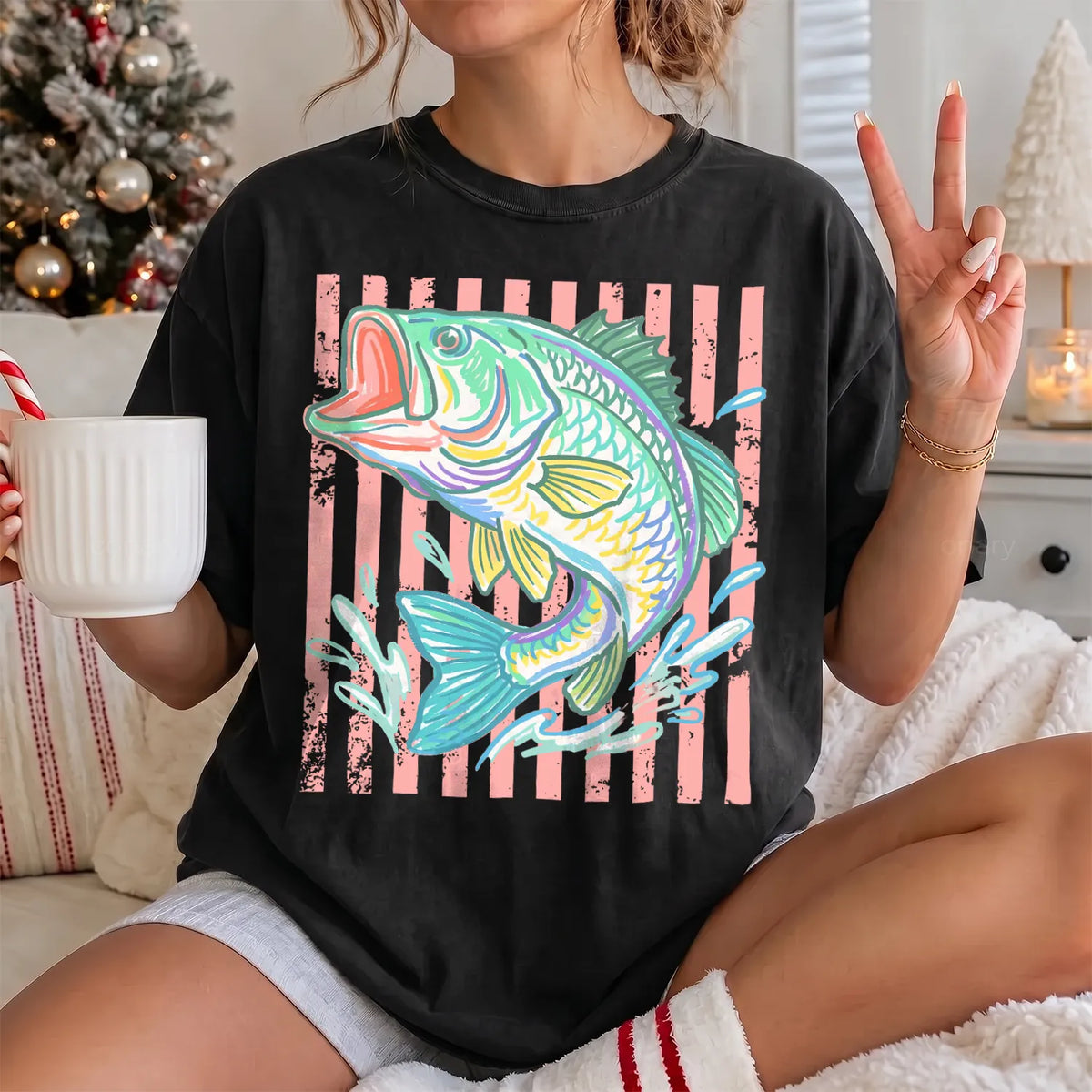 Pastel Stripe Largemouth T-Shirt Women model in Black