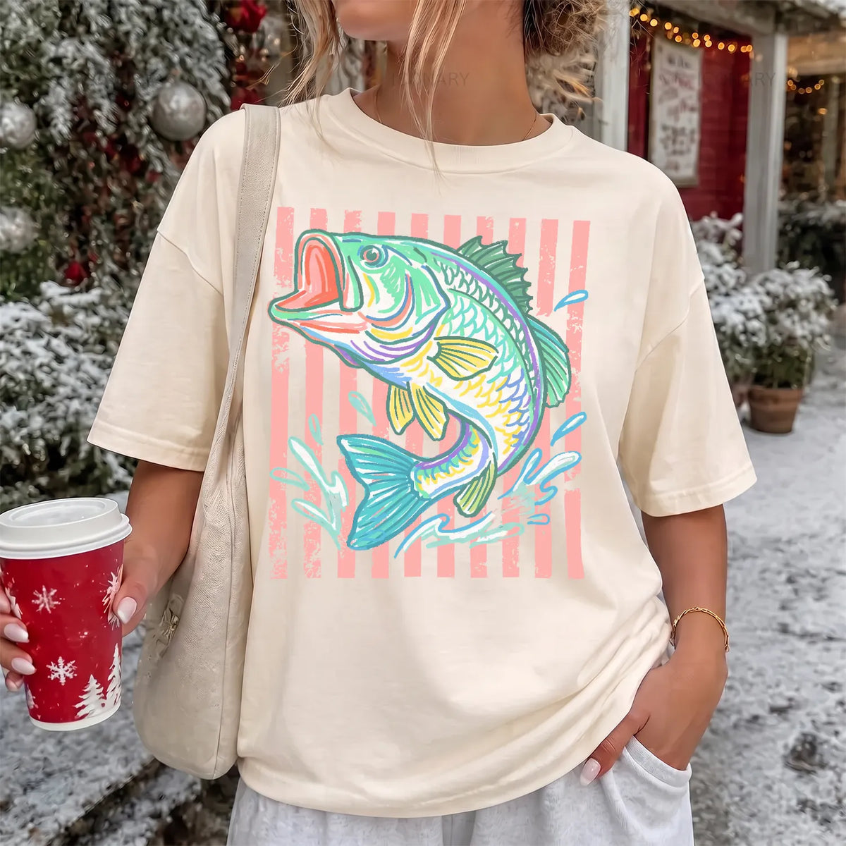 Pastel Stripe Largemouth T-Shirt Women model in Ivory
