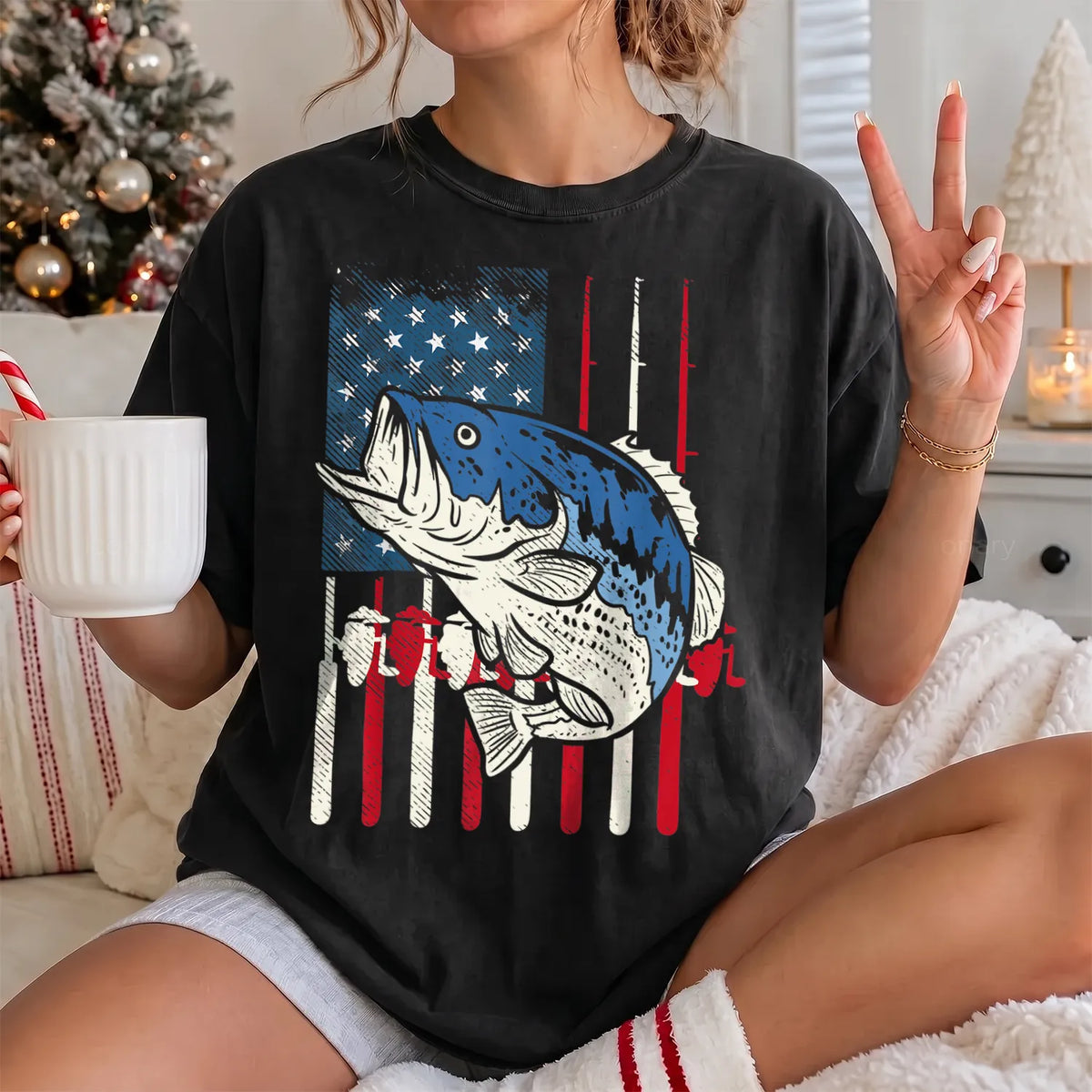 Patriotic Bass Fishing T-Shirt Women model in Black