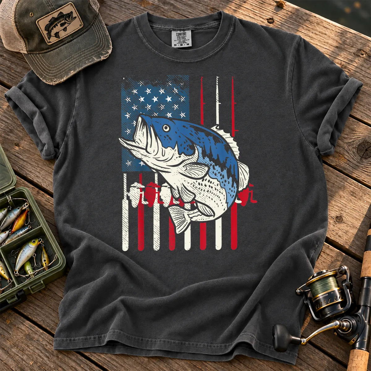 Patriotic Bass Fishing T-Shirt in Pepper