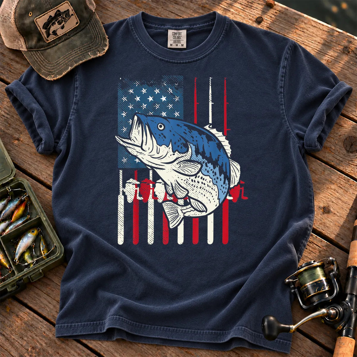 Patriotic Bass Fishing T-Shirt in True Navy