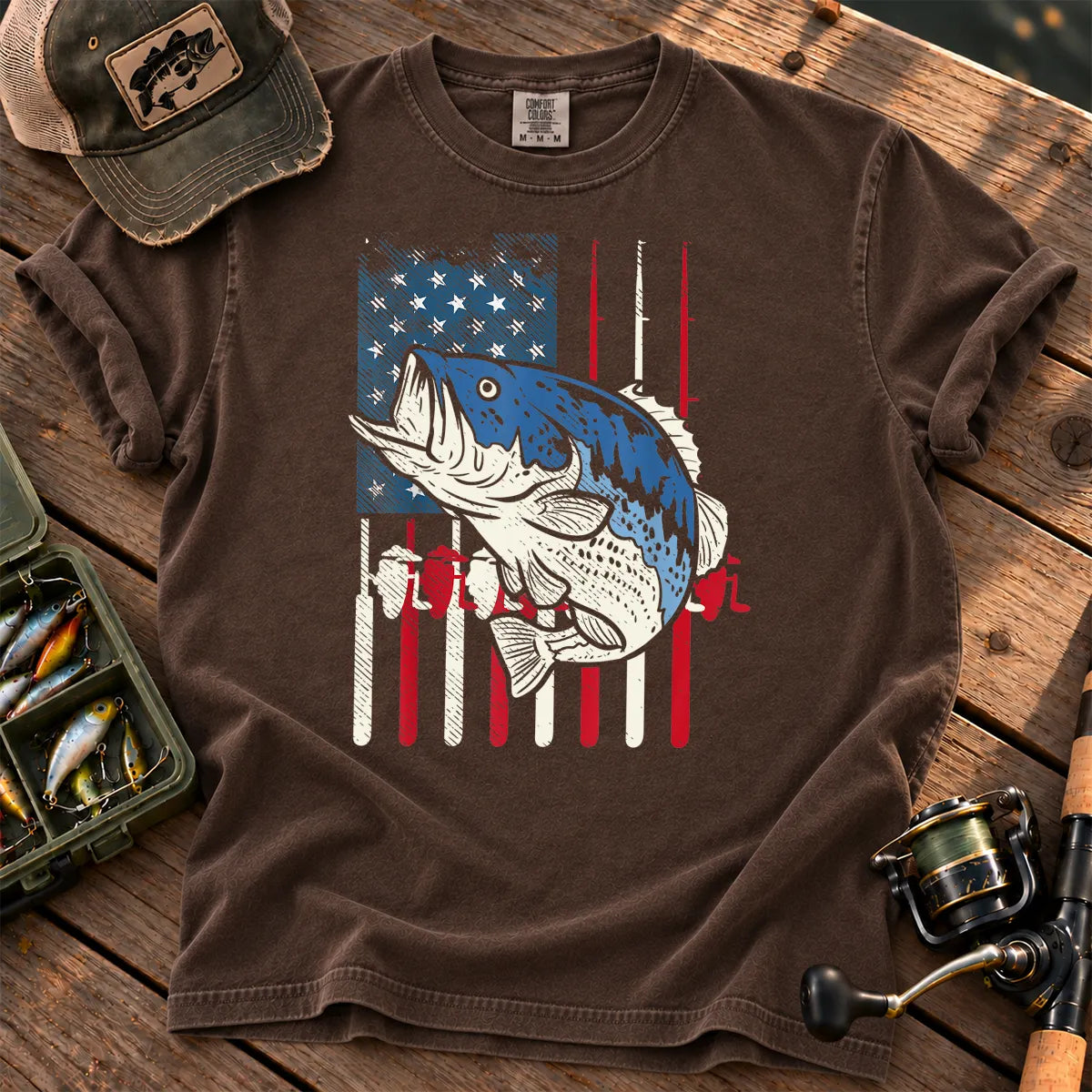 Patriotic Bass Fishing T-Shirt in Espresso