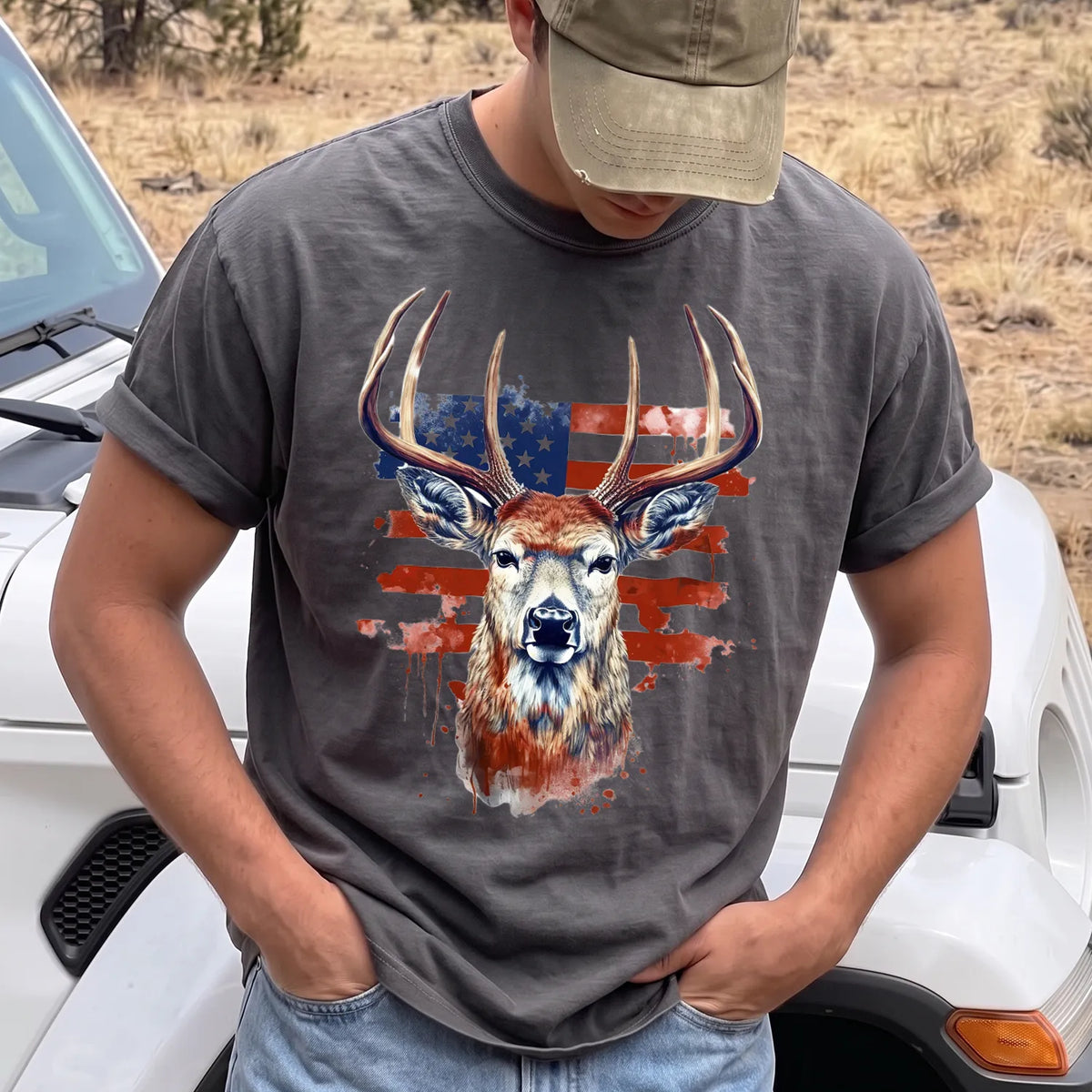 Patriotic Buck Hunting T-Shirt Men model in Pepper
