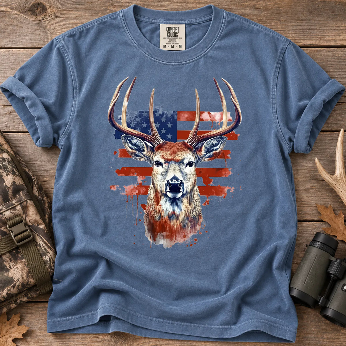 Patriotic Buck Hunting T-Shirt in Blue Jean