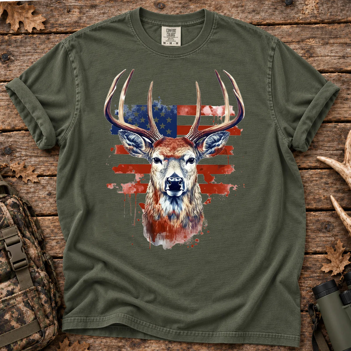 Patriotic Buck Hunting T-Shirt in Moss
