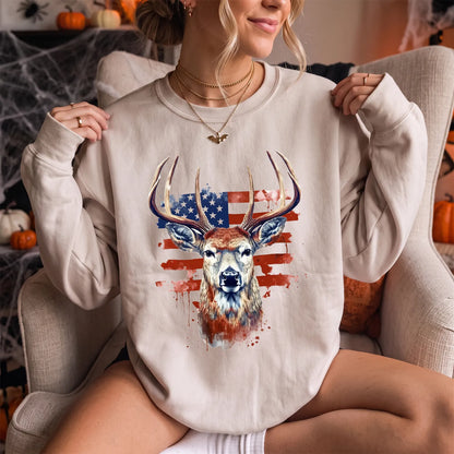 Patriotic Deer Head Sweatshirt Women model in Sand