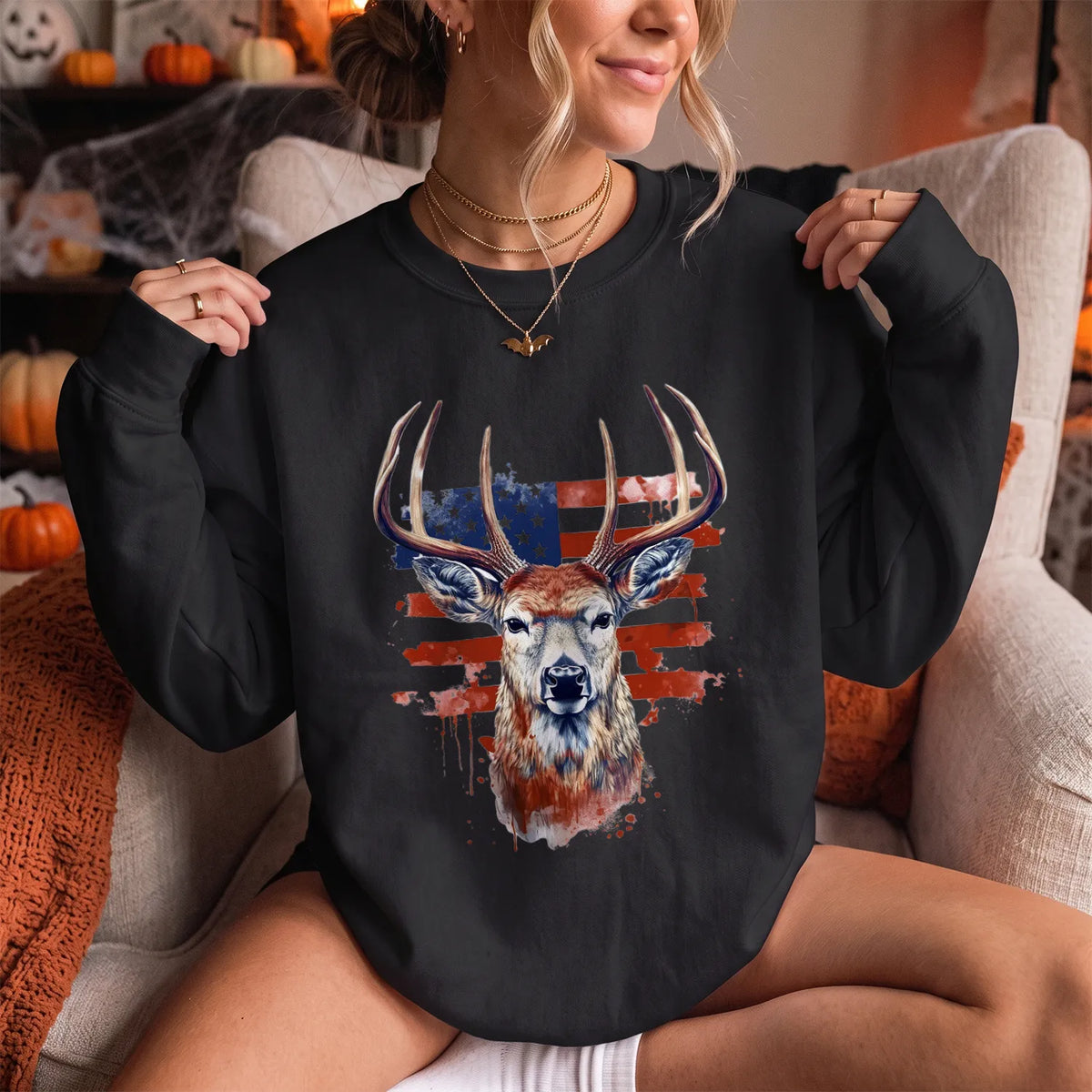 Patriotic Deer Head Sweatshirt Women model in Black