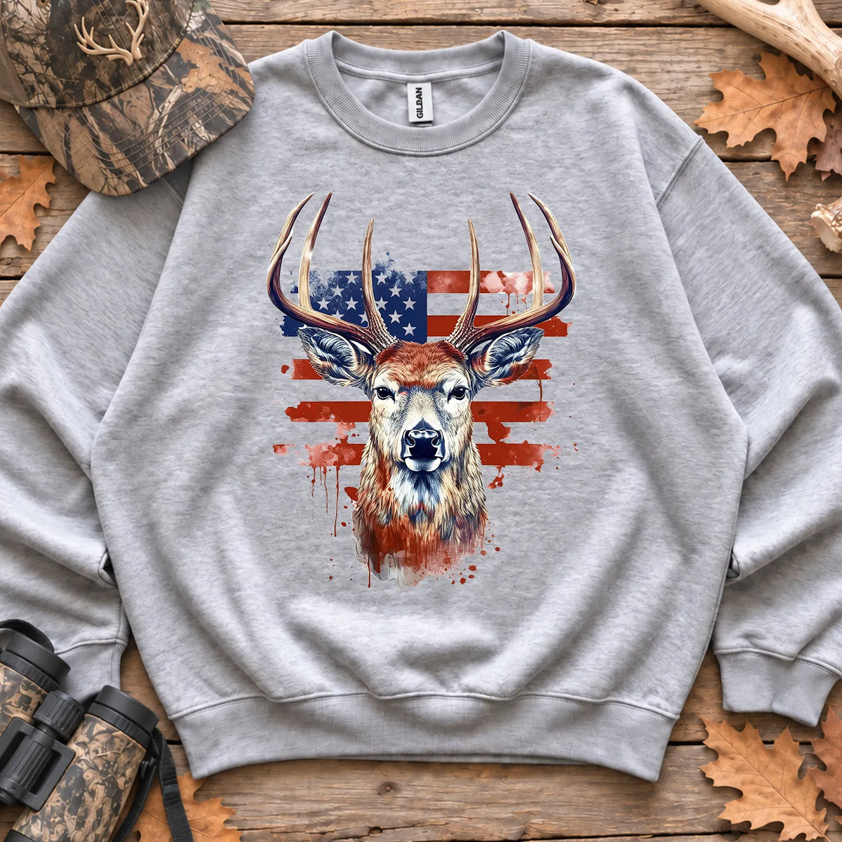 Patriotic Deer Head Sweatshirt in Sport Grey