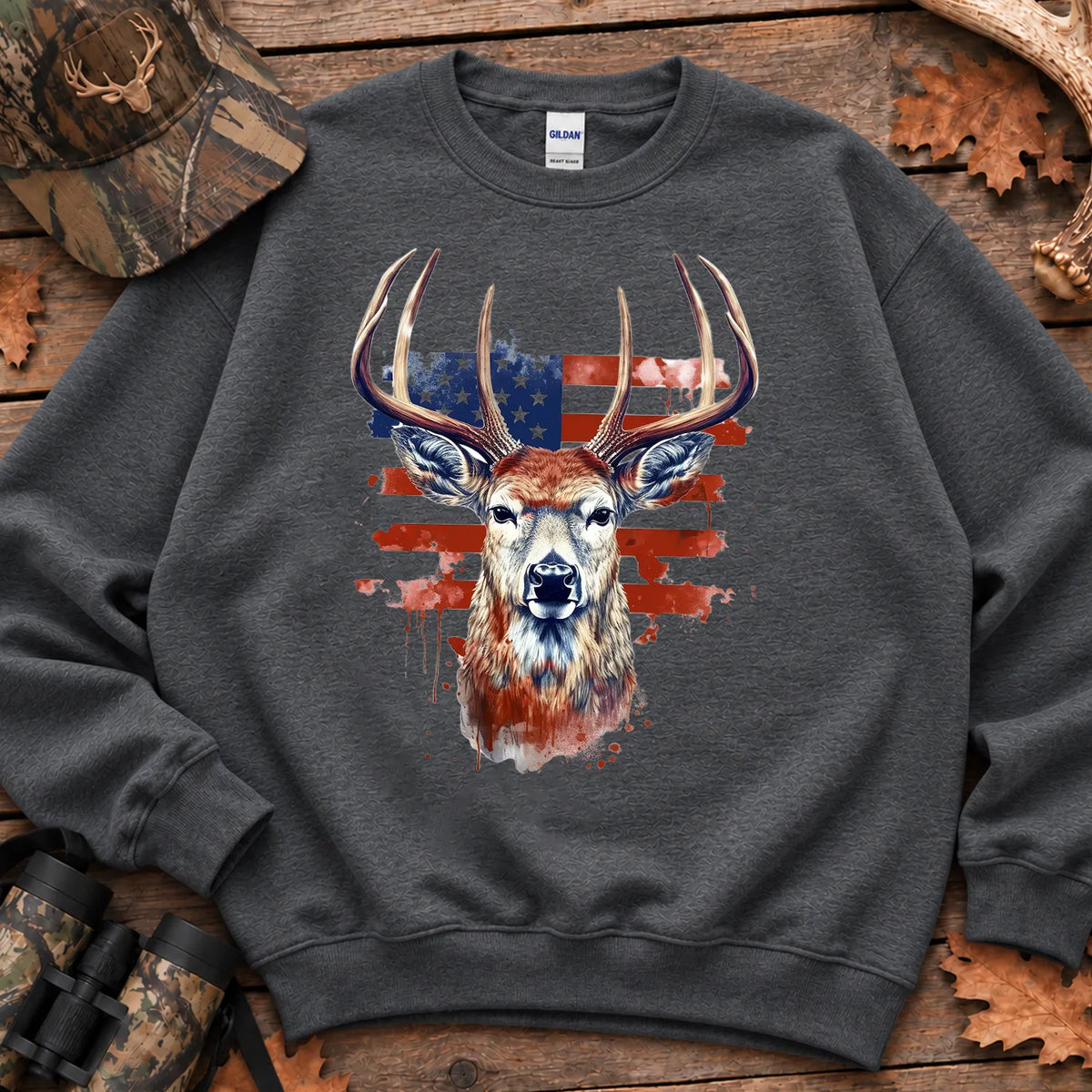 Patriotic Deer Head Sweatshirt in Dark Heather