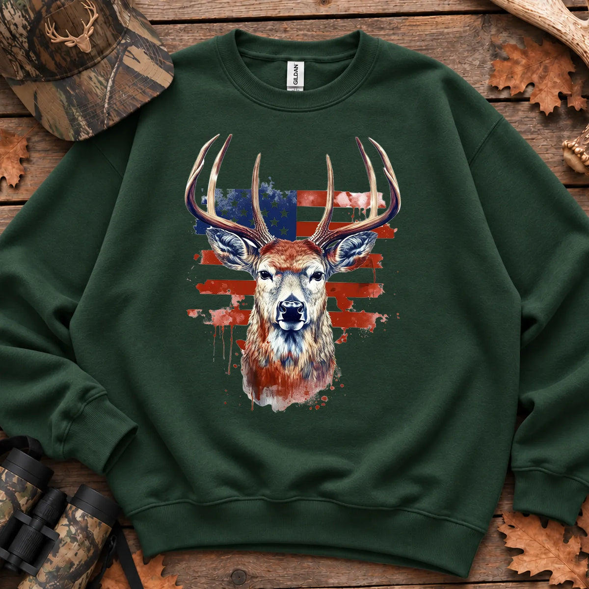 Patriotic Deer Head Sweatshirt in Forest Green