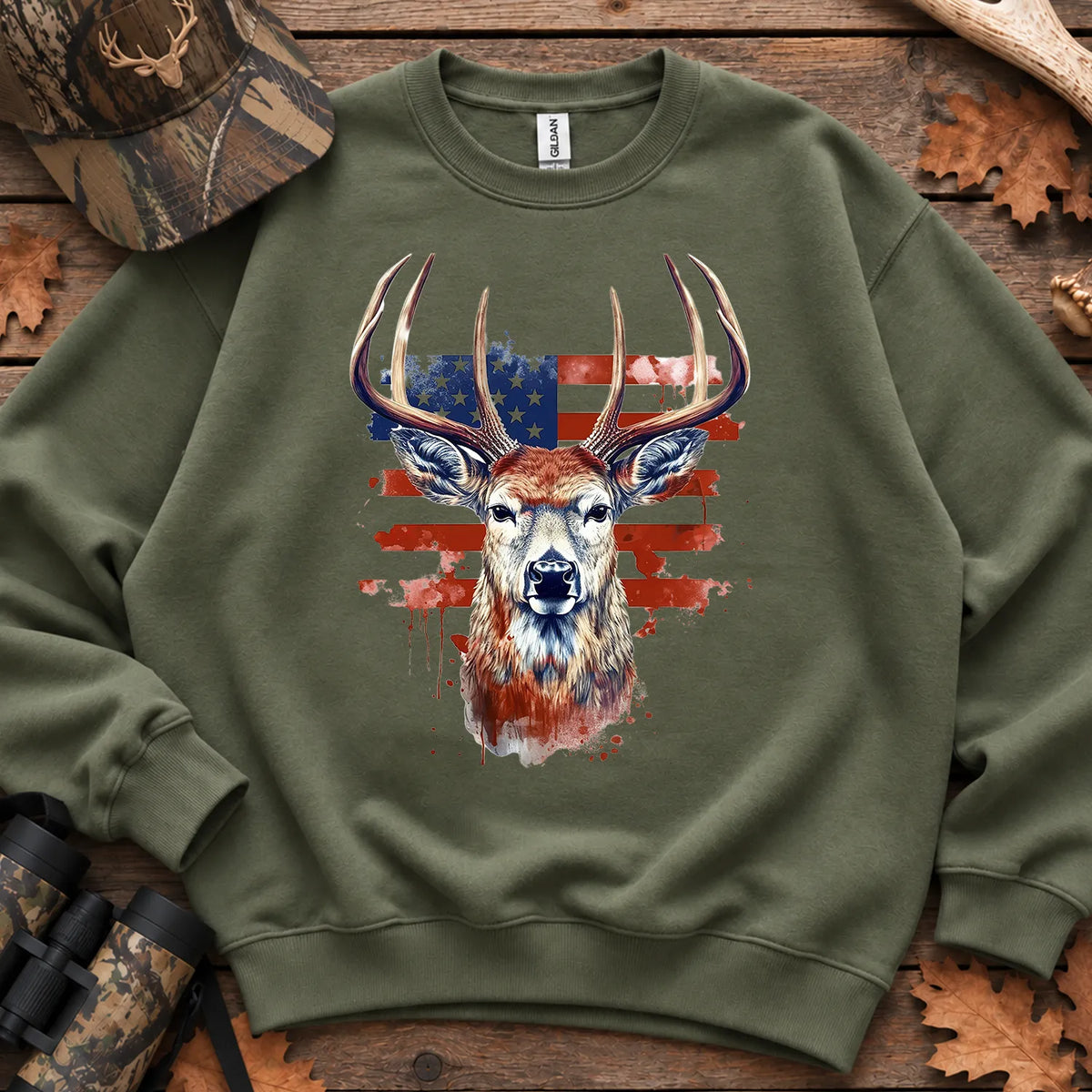 Patriotic Deer Head Sweatshirt in Military Green