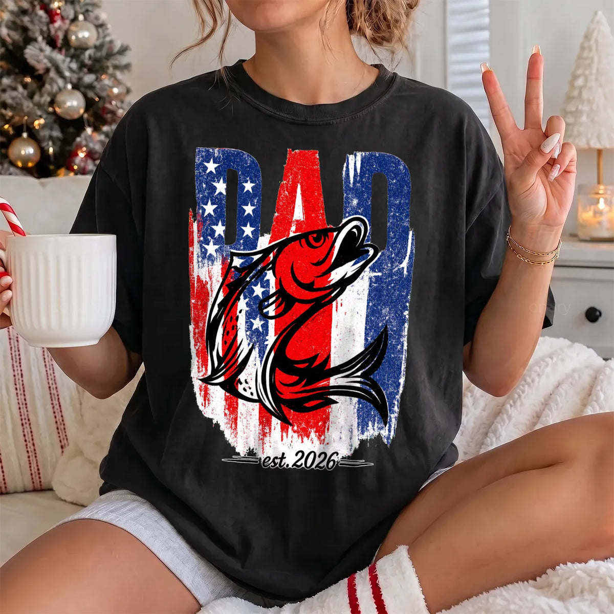 Patriotic Fishing Dad T-Shirt Women model in Black