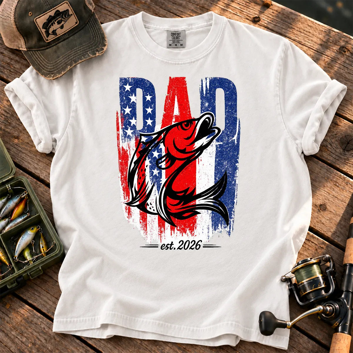 Patriotic Fishing Dad T-Shirt in White