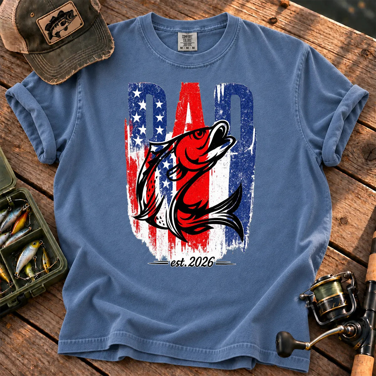 Patriotic Fishing Dad T-Shirt in Blue Jean