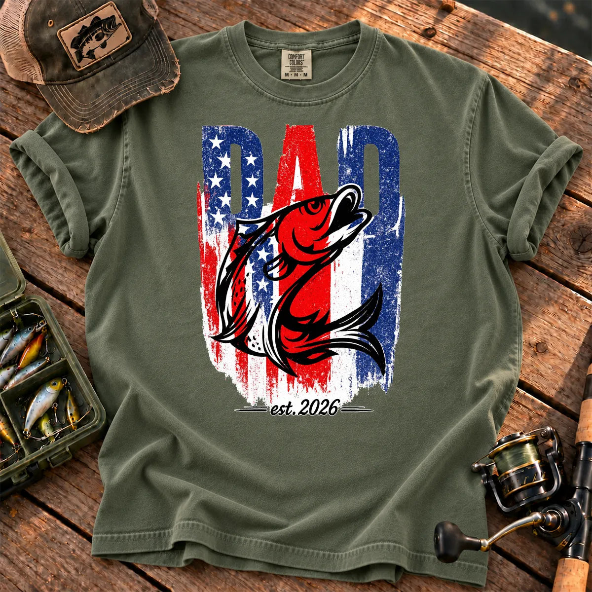 Patriotic Fishing Dad T-Shirt in Moss