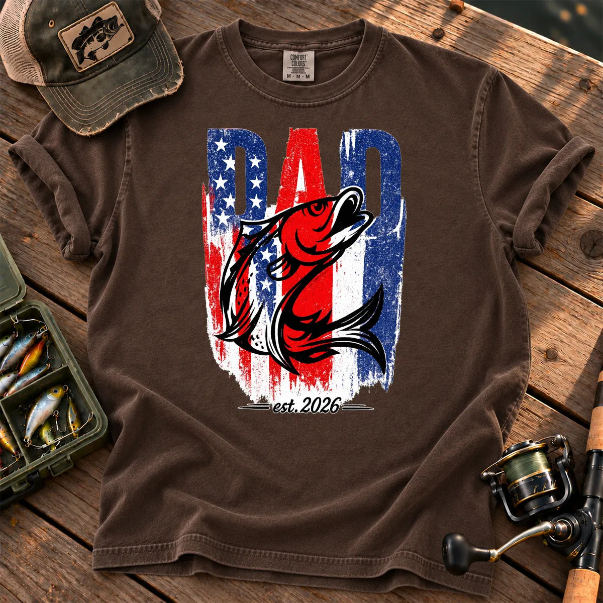 Patriotic Fishing Dad T-Shirt in Espresso