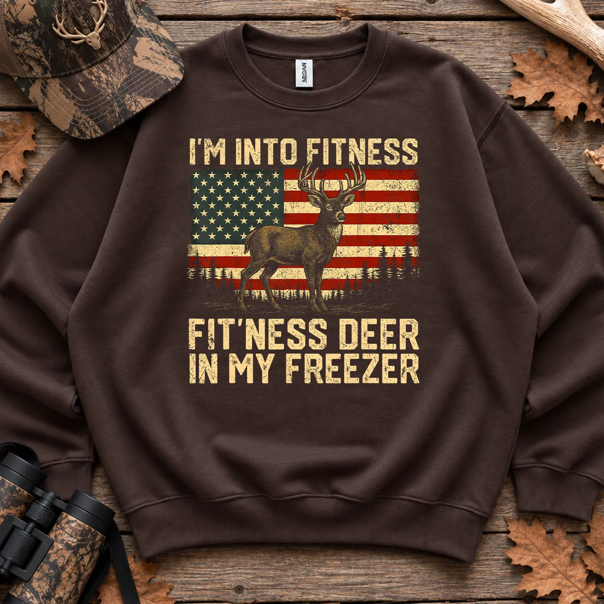 Patriotic Fitness Deer Freezer Sweatshirt in Dark Chocolate