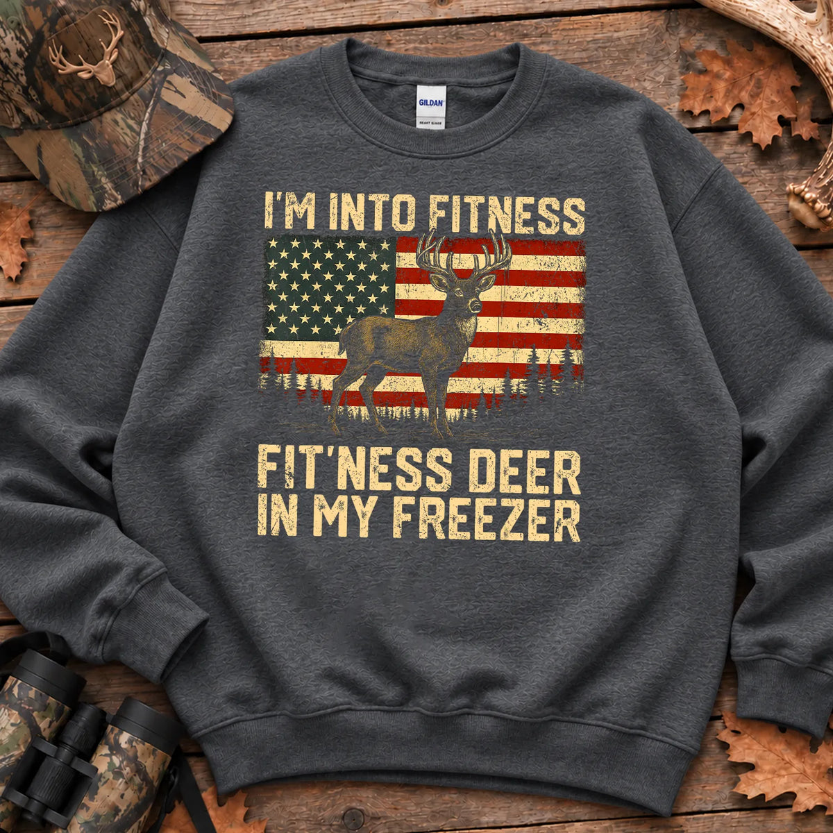Patriotic Fitness Deer Freezer Sweatshirt in Dark Heather