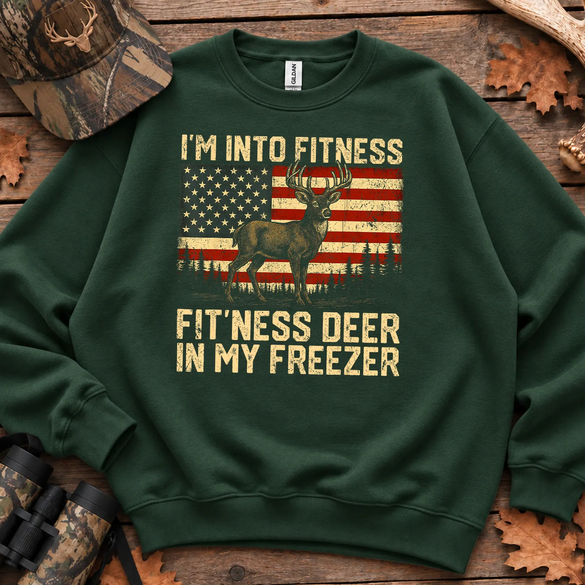 Patriotic Fitness Deer Freezer Sweatshirt in Forest Green