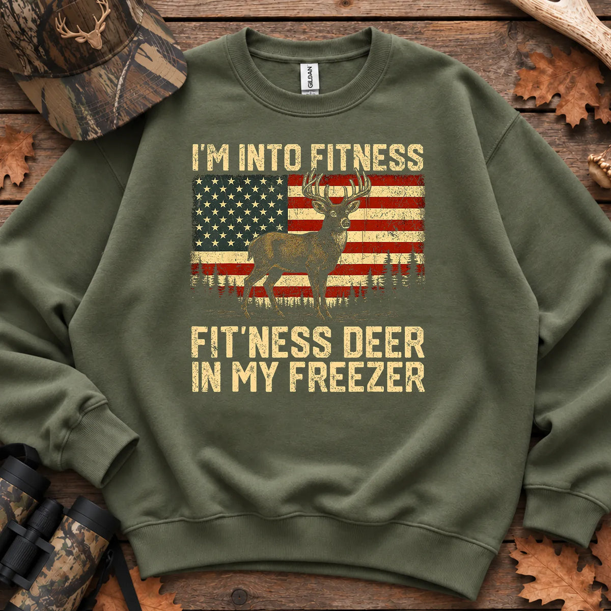 Patriotic Fitness Deer Freezer Sweatshirt in Military Green